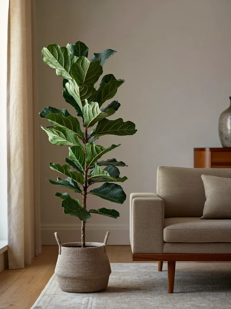Høj fiddle-leaf fig i flettet kurv ved sofaen i en rolig stue